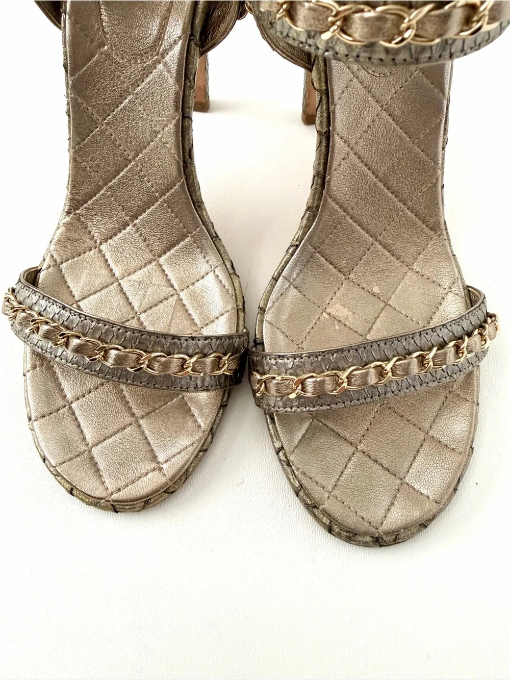 CHANEL | Gold Bronze Python CC Logo Chain Ankle Strap High Heel Sandals EU 41